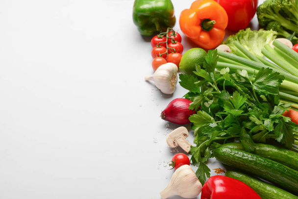 Fresh vegetables, fruits and mushrooms on white background - Photo, Image