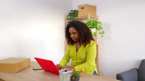 Νεαρή Αφρικάνα Αμερικανίδα ιδιοκτήτρια μικρών επιχειρήσεων που χρησιμοποιεί λάπτοπ και δουλεύει στο γραφείο. Γυναίκα εργαζόμενος προετοιμάζει νέα παράδοση προς πώληση στο εργαστήριο. Έννοια του ηλεκτρονικού εμπορίου και των επιχειρηματιών. - Πλάνα, βίντεο