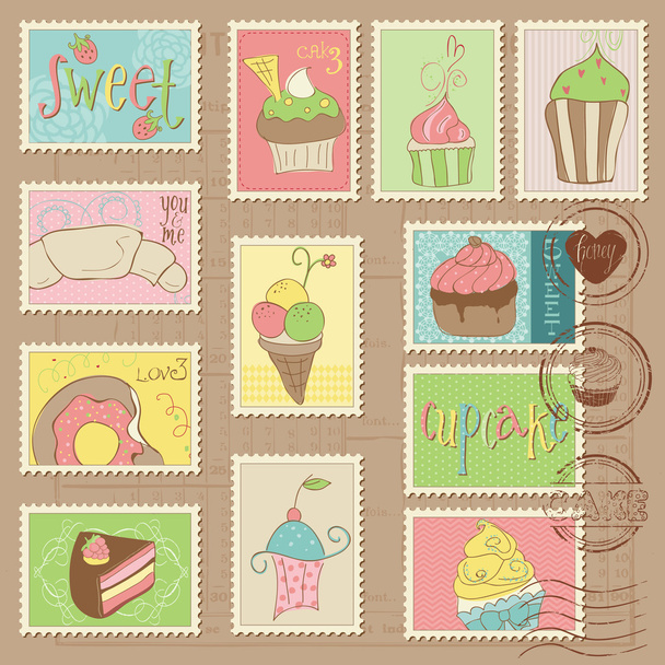 Sweet Cakes and Desserts Postage Stamps in vector - Vektör, Görsel
