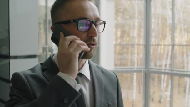 Peito para cima facada lado tiro de homem de negócios em óculos e terno cinza falando no telefone e subindo no elevador de escritório panorâmico - Filmagem, Vídeo