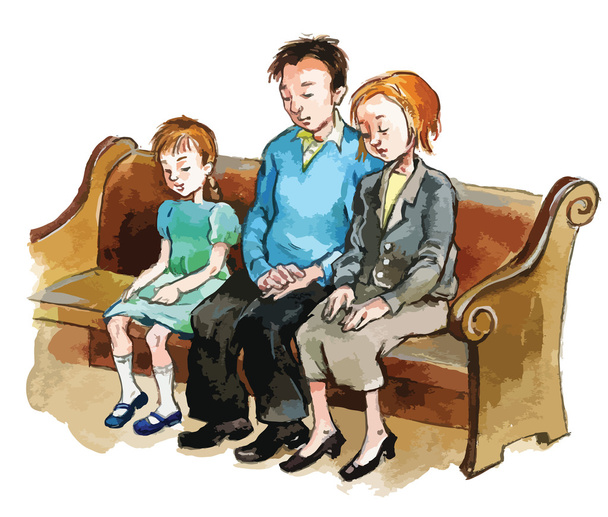 Family on the church pew - Vector, Image