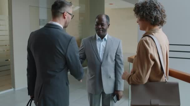 Közepes oldalsó lassítás a különböző férfi és női partnerek kezet rázva, miközben köszöntik egymást, mielőtt találkoznak az irodai folyosón - Felvétel, videó