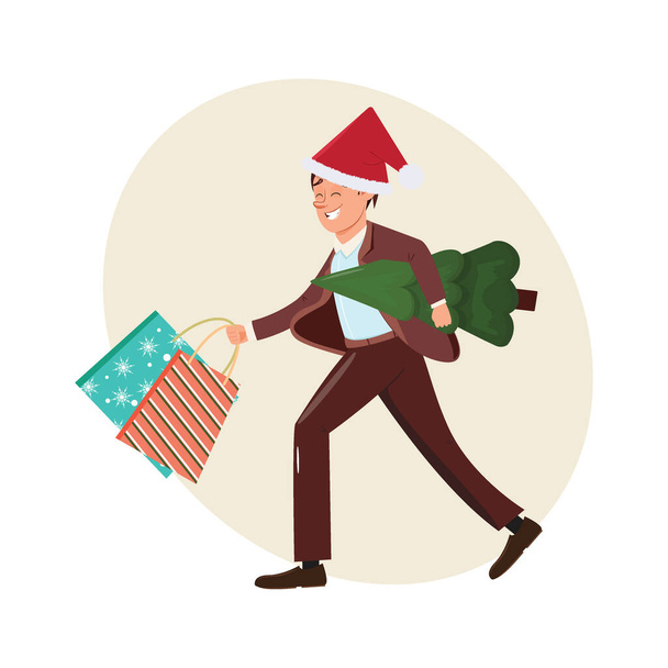 Invierno Ilustración de un hombre llevando regalos de Navidad y árbol  - Vector, imagen