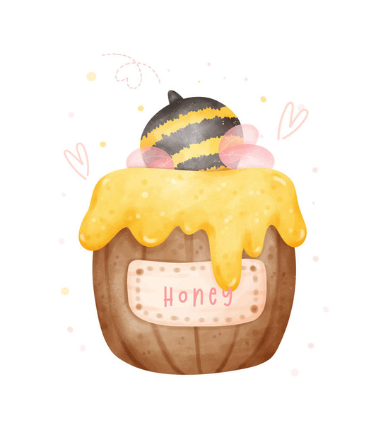 Cute baby bee in honey jar watercolor cartoon character hand painting illustration vector. - Vector, Image