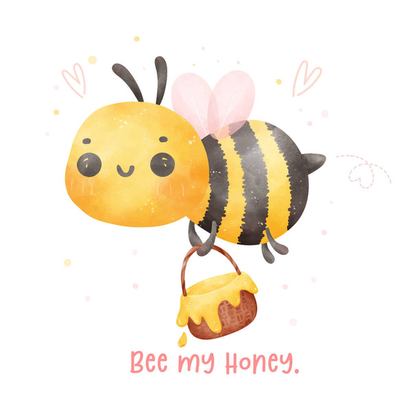 Cute baby bee flying with honey bakset watercolor cartoon character hand painting illustration vector. - Vector, Image