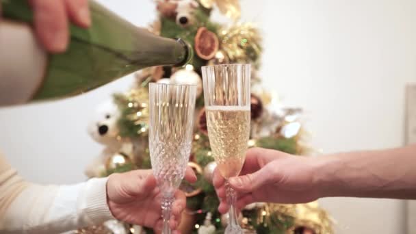 A kezek egy üveget tartanak, pezsgőt öntenek a poharakba, koccintanak a díszített karácsonyfa hátterén.Ütés borospoharakkal.Koccintsunk együtt a poharakra.Egészségünkre!. - Felvétel, videó