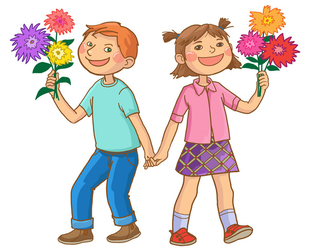 Schüler mit Blumen - Vektor, Bild