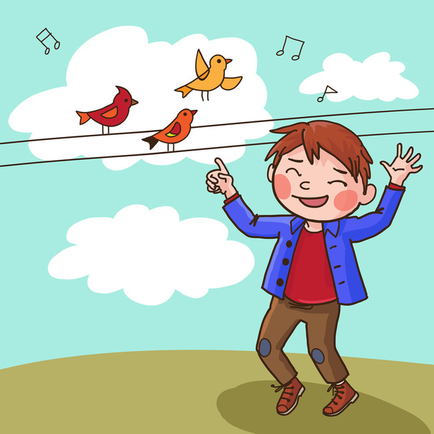 Boy sings with birds - Vector, Image