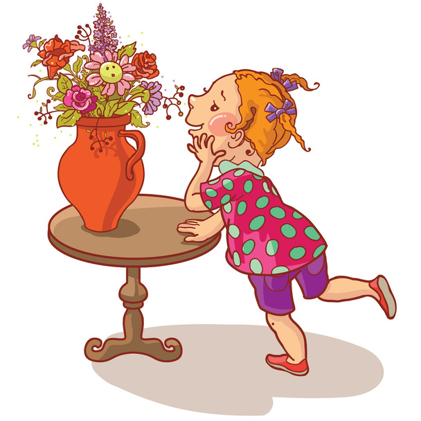 dívka při pohledu na květiny - Vektor, obrázek