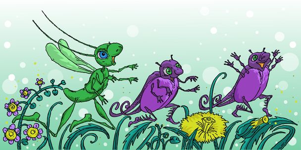 Γελοιογραφία σκαθάρια και ακρίδα - Διάνυσμα, εικόνα