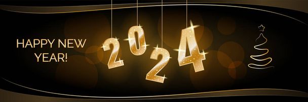 Felice anno nuovo 2024 sfondo e banner, con numeri d'oro, saluti di testo e decorazioni glitter. Illustrazione vettoriale - Vettoriali, immagini