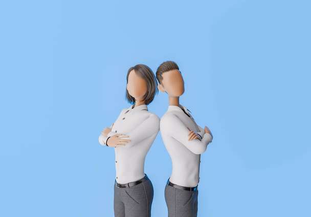 3D-s renderelés egy stilizált férfi és nő üzleti öltözékben álló háttal-háttal, magabiztosságot árasztva a kék háttér. - Fotó, kép