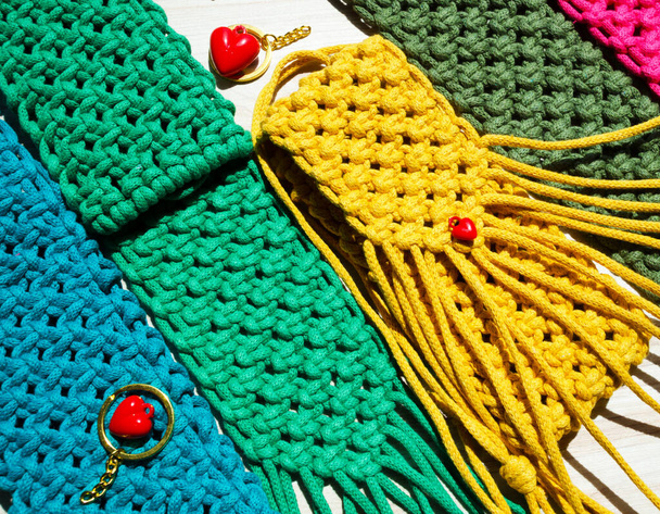 Women's bags. Small macrame bags. ECO bag made of Turkish yarn for a mobile phone. - Photo, Image