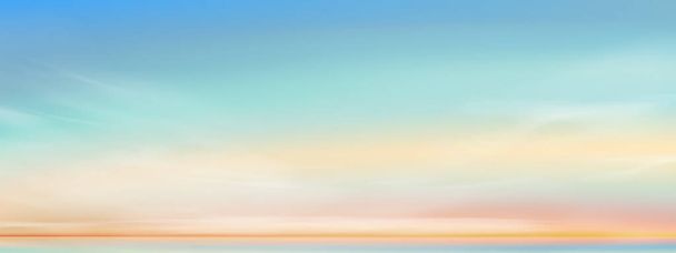 Sky Blue Background, Horizon Pastel Clear Sky with Cloud Over Beach, Векторная иллюстрация Beautiful Landscpae Morning Sunrise, Panorama Nature Sunset Field, Cartoon Cloudy in Summer - Вектор,изображение