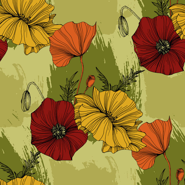 Poppy Seamless Vector Pattern - Ink Drawing with Watercolor Texture - Vector, Image