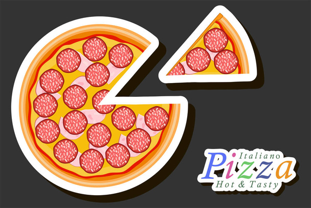 Ilustración sobre el tema gran pizza caliente sabrosa a menú de pizzería, pizza italiana que consta de varios ingredientes tales como masa horneada crujiente, tomate rojo, salchicha alemana, champiñones y mucho más - Vector, imagen