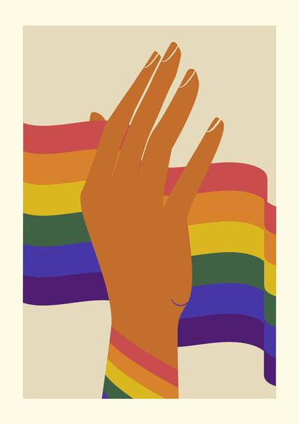 Cartel de ilustración de mano levantada de color arco iris. Concepto LGBT. Estilo realista vector ilustración colorida. Plantilla de soporte LGBTQ, tarjeta de felicitación o invitación a fiestas - Vector, Imagen