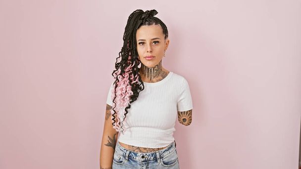 Mulher amputada hispânica legal, de pé sobre fundo isolado rosa, expressando seriamente o estilo de vida relaxado com olhar tatuado sem braços. - Foto, Imagem