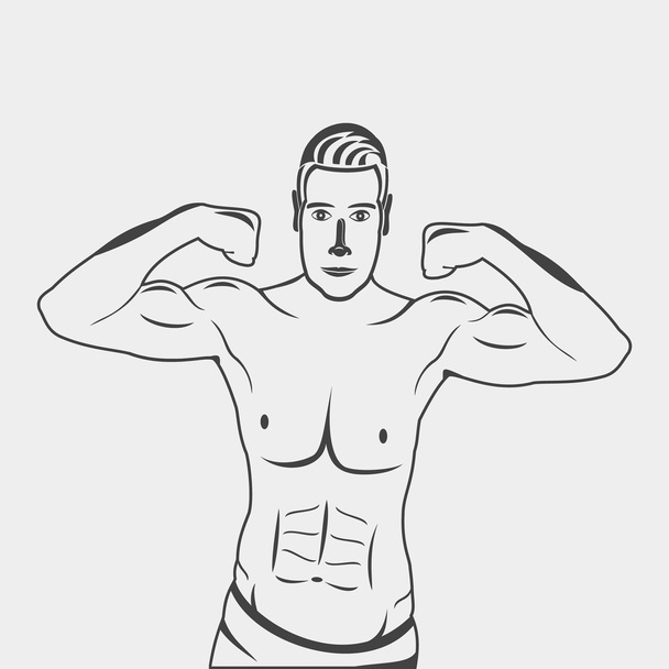 Mann zeigt seine Muskeln. Umriss auf weißem Hintergrund - Vektor, Bild