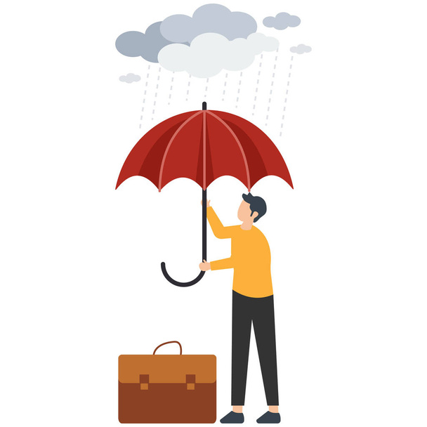 Бизнесмен, занимающийся экономическим спадом, проблемами или депрессией, защитой от деловых ошибок, безопасностью или страховой концепцией, защитой от зонтиков - Вектор,изображение