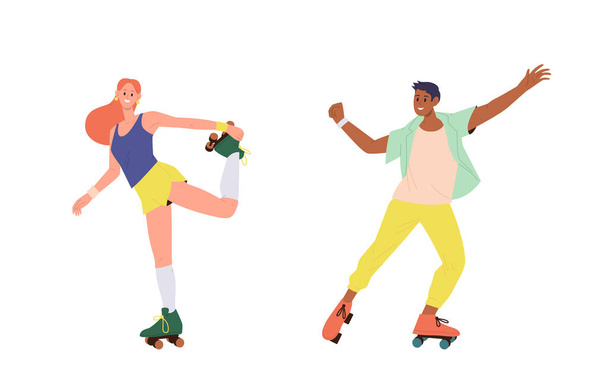 Boldog fiatal férfi és nő rajzfilmfigurák görkorcsolyázás szabadban élvezi sport hobbi tevékenység elszigetelt fehér háttér. Férfi és női görkorcsolyázók freestyle lovaglás vektor illusztráció - Vektor, kép