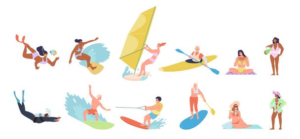 İnsanlar sahili canlandıran çizgi karakterleri ve su sporları aktivitelerini izole eder. Erkek ve kadın güneşleniyor, şekerleme yiyor, yelken açıyor, tekneye biniyor, kano sürüyor, sörf yapıyor, dalıyor, şnorkelle yüzüyor - Vektör, Görsel