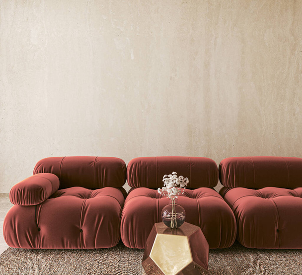 Opulent punaruskea sohvat ja metallinen geometrinen jakkara tähti tässä 3d tehdä kohtaus, asetettu vastaan kuvioitu seinä rikas, moderni ilme - Valokuva, kuva