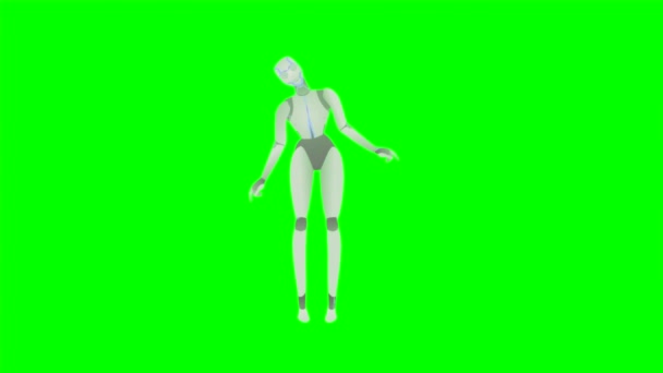 Animação ou computação gráfica de uma mulher robô humanoide de pé diretamente de frente para a câmera e olhando ou balançando em um fundo cromado verde. Conceito de inteligência artificial. 4k de alta qualidade - Filmagem, Vídeo
