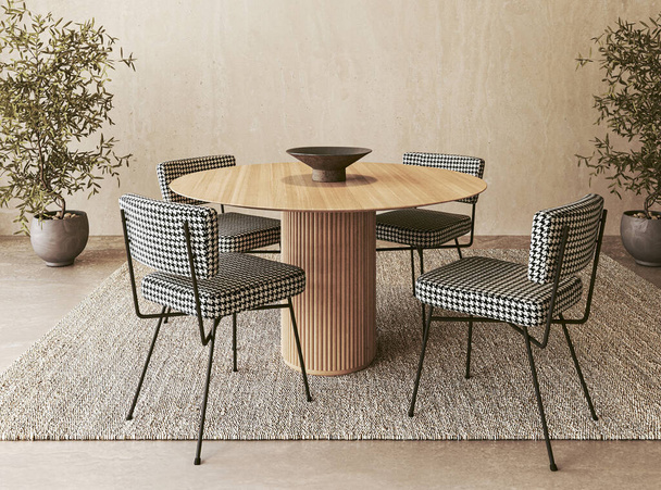 En esta escena de comedor en 3D, una mesa de madera redonda y sillas estampadas se emparejan con olivos, evocando un sentido de elegancia orgánica - Foto, imagen