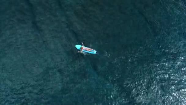 Légi felvétel egy szörfös lányról, aki szörfdeszkán evez a kék óceánon. Szörfözés a trópusokon - Felvétel, videó