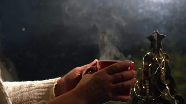 Hot drink in front of window at Christmas medium 4k slow motion selective focus - Footage, Video