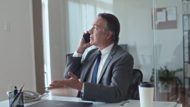 Mediana toma de empresario maduro en traje de negocios llamando a su compañero de trabajo para acordar en la reunión mientras está sentado en el escritorio en la oficina - Metraje, vídeo