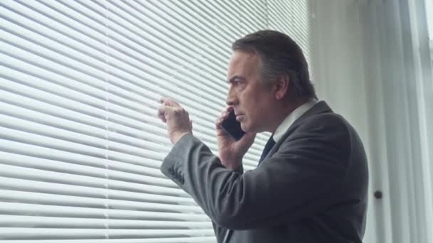 Vista lateral del hombre de negocios senior sospechando de alguien mientras habla en el teléfono inteligente mirando por la ventana - Imágenes, Vídeo