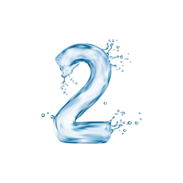 Liquid water number two with splash bubbles, transparent type font, aqua typeface, wet english digit. Isolated realistic vector lifelike aquatic 2 sign mimics the fluidity and elegance of water effect - Vector, Image
