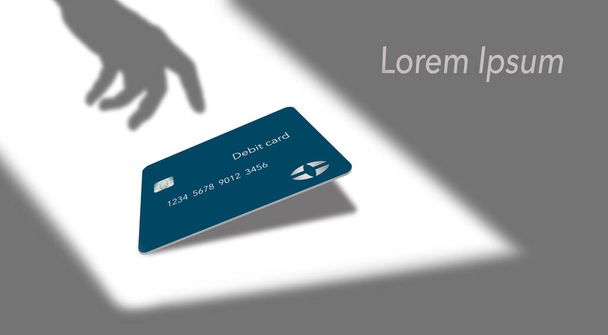 Bir ışık mili, modern ve şık bir banka kredi kartını üç boyutlu bir resimde aydınlatır..   - Fotoğraf, Görsel