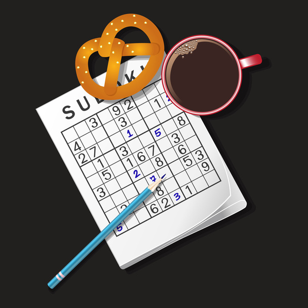 Illustration of Sudoku game, mug of coffee and pretzel - Vector, Image