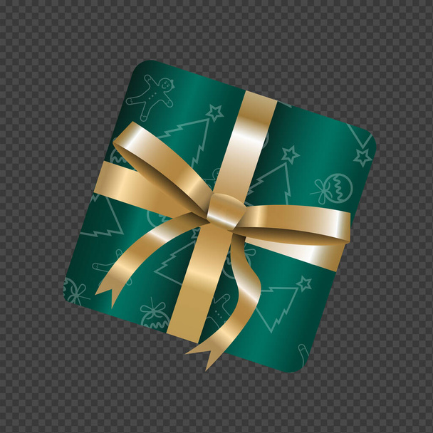 Green Christmas gift box with golden ribbon on transparent background - Vector, Image