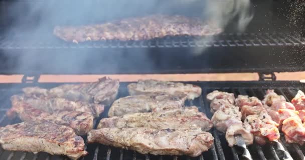 М'ясо на грилі включене в асортимент підготовки в рамках процесу приготування барбекю - Кадри, відео