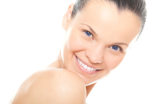 Closeup face young woman with healthy clean skin and beautiful s - Photo, Image