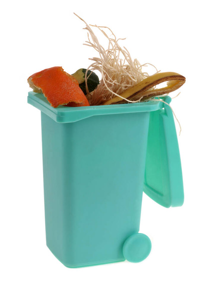 Concetto di compostaggio con bidone della spazzatura pieno di rifiuti organici primo piano su sfondo bianco - Foto, immagini