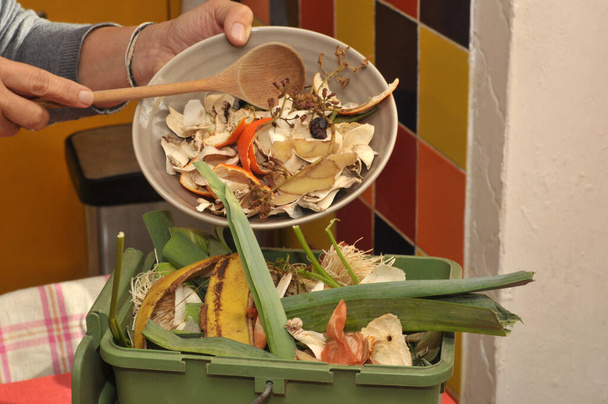 Jemand entleert einen Teller Biomüll in einen kleinen Kompostbehälter in der Küche - Foto, Bild