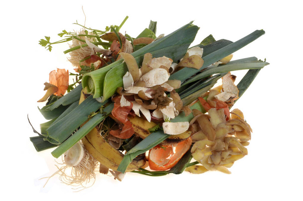 Organiczne odpady spożywcze zbliżenie na białym tle  - Zdjęcie, obraz