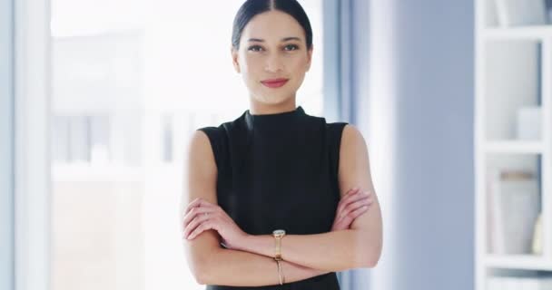 Businesswoman, arms crossed and smile with face, office and professional, employee and portrait. Confident, young and workplace for career, financial clerk and woman for startup, job and elegant. - Footage, Video