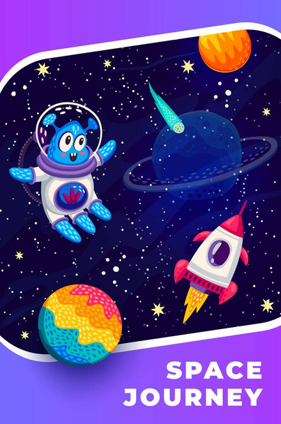 Cartoon alien and rocket spaceship in starry galaxy space with planets and stars, vector poster. Space journey adventure and galaxy exploration background with alien martian spaceman in galactic space - Vector, Image