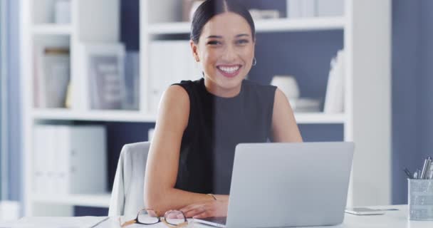 Businesswoman, laptop and smile for work in office with chic, elegant and trendy fashion. Female writer, professional or creative career with technology for website, blog or social media by internet. - Footage, Video