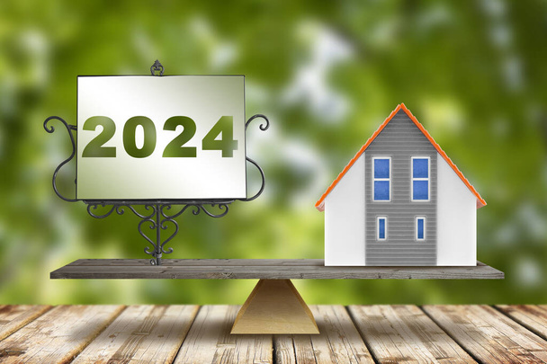 2024 Planejamento e gerenciamento de casa - Orçamento 2024, imposto, empréstimo, imobiliário, investimento imobiliário - Conceito de negócio e financeiro na atividade de construção e indústria da construção com modelo de casa - Foto, Imagem