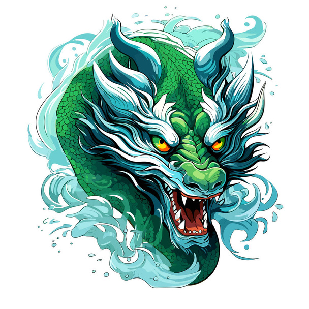Zelený dřevěný čínský drak Symbol z roku 2024 ve stylu vektorového umění. Šablona pro tričko, samolepku, plakát, atd.. - Vektor, obrázek