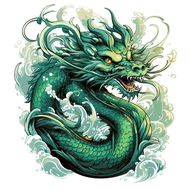 Зеленый деревянный китайский дракон Символ 2024 года в векторном стиле. Шаблон для футболки, наклейки, плаката и т.д.. - Вектор,изображение