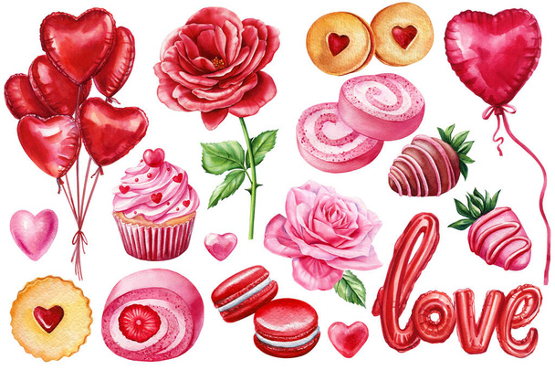 Love set sweet elements on isolated white background. Heart balloons, Cupcake, rose. Valentines day card. Watercolor illustration Party decoration. High quality illustration - Photo, Image