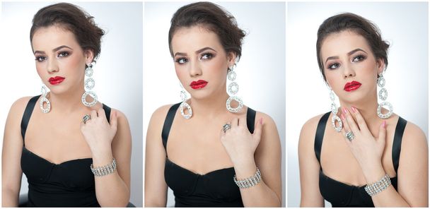 Hairstyle and make up - beautiful female art portrait with earrings. Elegance. Genuine natural brunette with jewelries in studio. Portrait of a attractive woman with red lips and creative makeup - Photo, Image